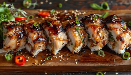 Close-up of a plate of grilled sushi rolls topped with sesame seeds and scallions.