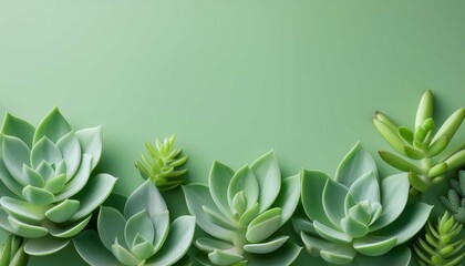 close up of succulent leaves patterns of nature on a soft sage green background with copyspace