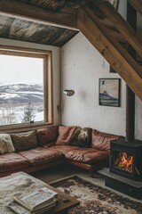 Fototapeta premium Cozy Cabin Living Room With Stunning Mountain View