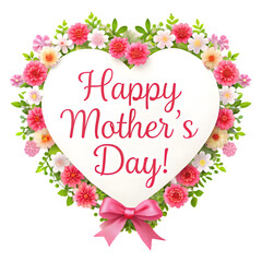 Happy Mother's day text  in heart shape with flowers on whit background