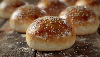 Fototapeta premium A close-up shot of a group of hamburger buns with sesame seeds on a wooden table.