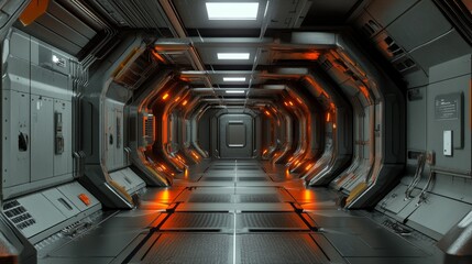 Obraz premium A futuristic corridor with metallic walls and orange lighting, suggesting a sci-fi environment.