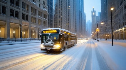 Fototapeta premium Frosty urban scene with bus in winter