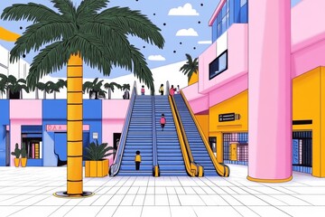 A pixel art depiction of an escalator in a vibrant shopping mall, with small animated characters moving on it and colorful stores in the background