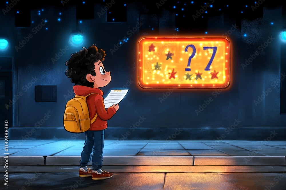 Fototapete A pixel art depiction of an evaluation scene, with a retro character filling out a form and a glowing scoreboard showing their performance rating