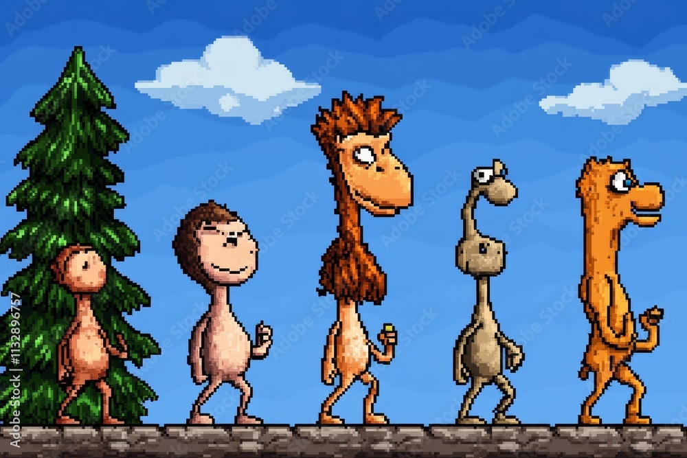 Poster A pixel art timeline of evolution, with small animated creatures transitioning into humans in a retro video game style