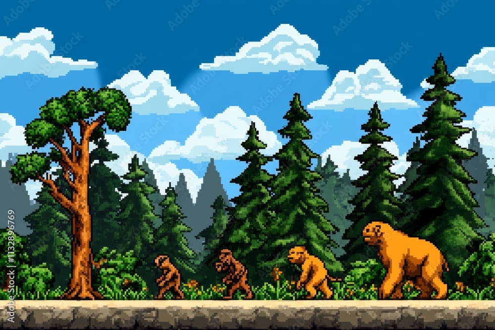 Poster A pixel art timeline of evolution, with small animated creatures transitioning into humans in a retro video game style