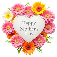 Happy Mother's day text  in heart shape with flowers on whit background