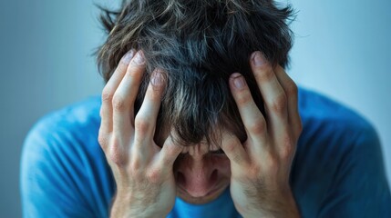 Fototapeta premium Person with Hands on Head Expressing Emotion and Distress