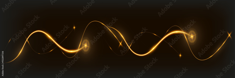 Poster golden glowing wave lines on dark background with sparkling light effects, elegant abstract design f