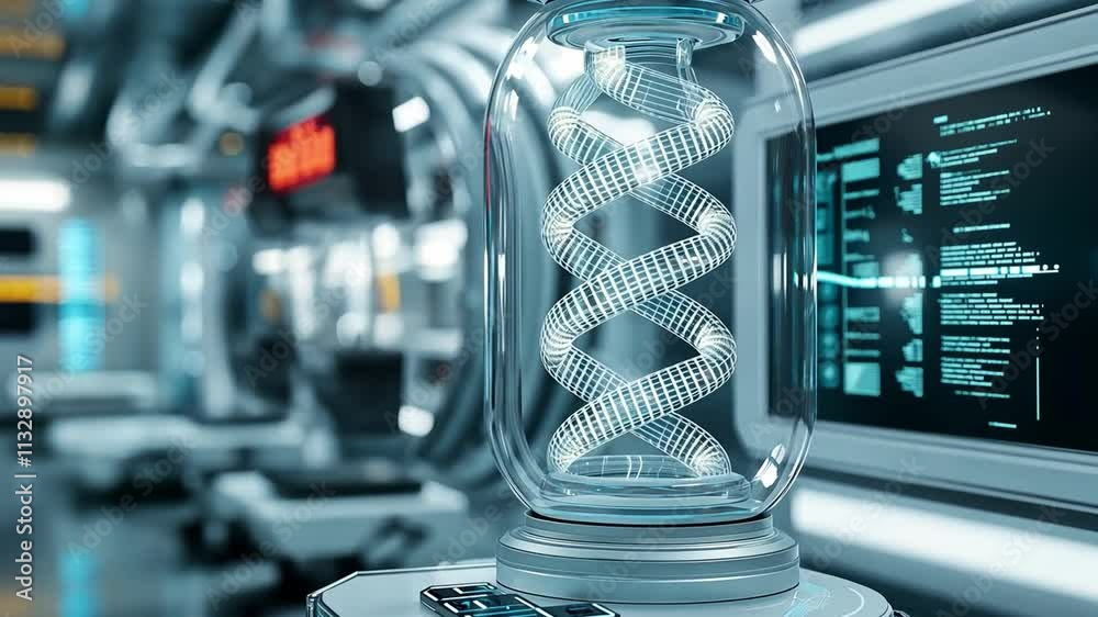 Poster a futuristic biocomputer is displayed inside a transparent container, featuring a spiral structure i