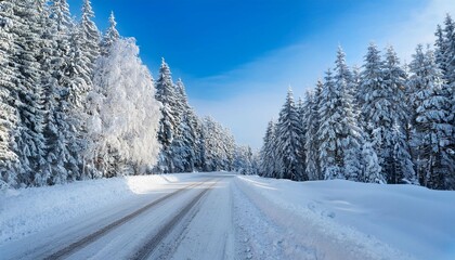 Fototapeta premium nature landscape background snowy road in the forest a snowy road winding through a winter landscape with frosty trees under a clear blue sky