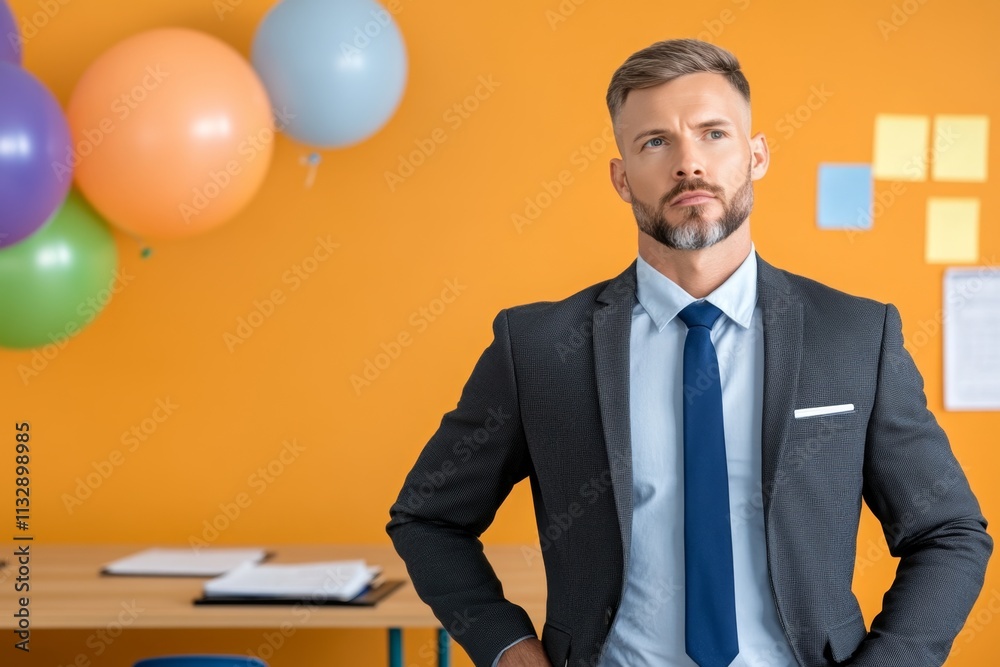 Poster a school principal evaluating a teacher lesson in progress, taking notes at the back of a bright and