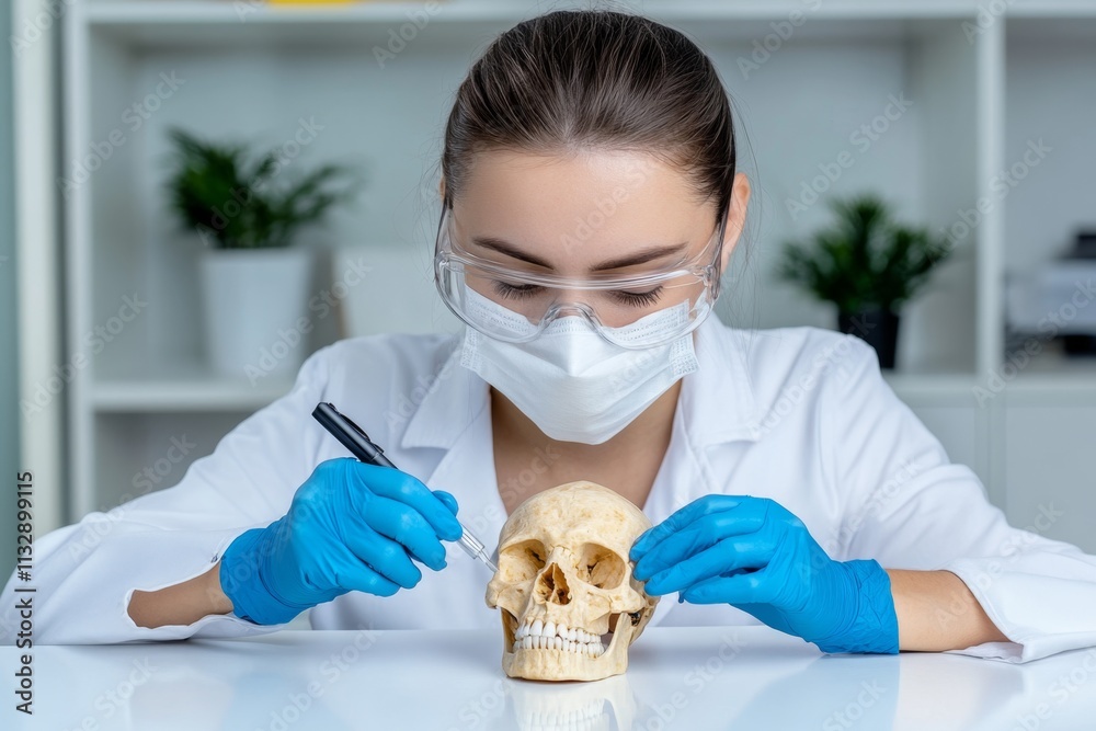 Poster a scientist carefully examining a fossilized human skull in a bright, modern laboratory