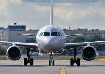Naklejka premium A commercial airplane on the runway at an airport, ready for takeoff.