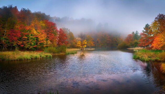 small lake surrounded by forest with colorful plants at autumn cloudy and foggy day lake grza near the paracin in serbia