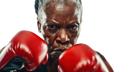 Professional african senior female boxer in gloves exercises punches on white background