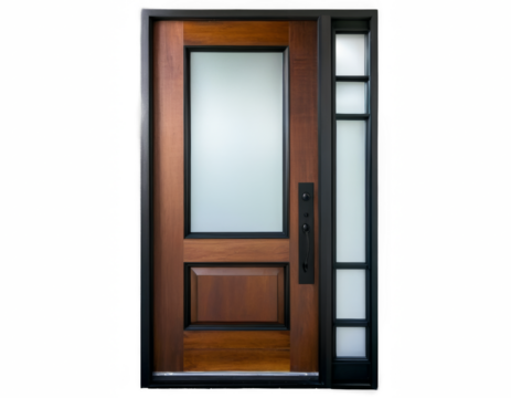 A wooden door with a glass panel in the middle. Isolated on transparent background.