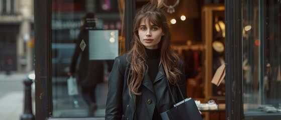 Fototapeta premium Trendy Young Woman with Stylish Black Shopping Bag Outside Boutique