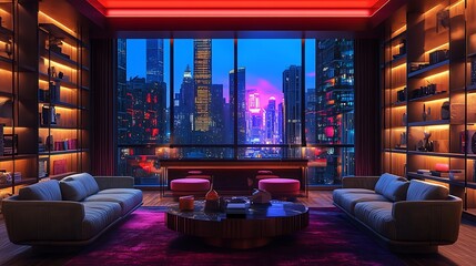 A sleek urban hotel living room with minimalist furniture in bold geometric shapes, floating shelves displaying artistic items,