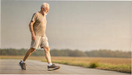 Elderly man walking on a paved path in the countryside.