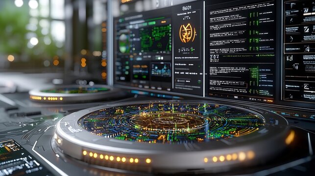 Futuristic Investor Workspace with Holographic Renewable Energy Portfolio Displays