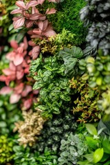 Naklejka premium Lush Green Vertical Garden Wall Featuring Varied Foliage