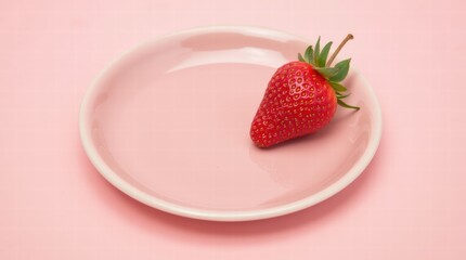 Close up of a plate with one single strawberry on a pastel pink background