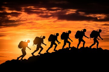 Fototapeta premium A sunrise scene of early humans climbing a hill, symbolizing the journey of human evolution