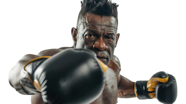 Professional african middle age male boxer in gloves exercises punches on white background