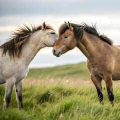 Obraz premium two adult horses touching heads together in affect