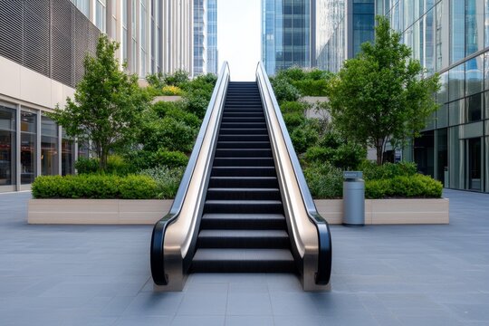 A tall outdoor escalator connecting a bustling city street to a peaceful park on a hilltop, symbolizing transition and escape