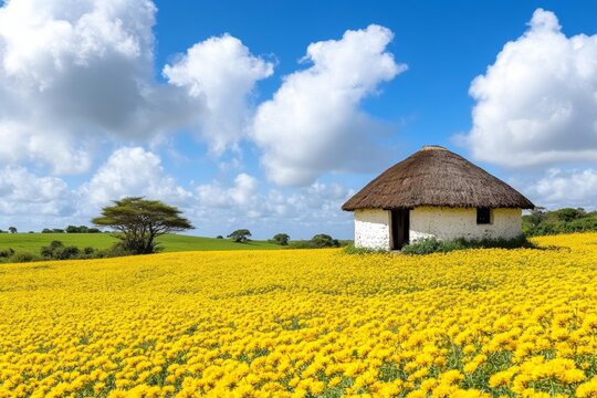 A traditional Ethiopian tukul (circular hut) surrounded by fields of yellow meskel flowers in full bloom