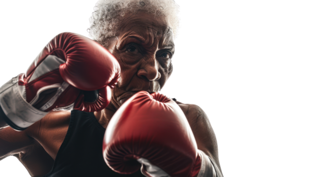 Professional african senior female boxer in gloves exercises punches on white background
