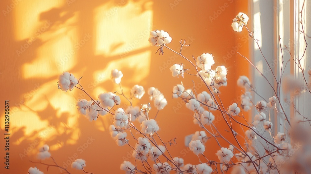 Poster cotton branches adorned with delicate white blooms create a serene focal point, their shadows playfu