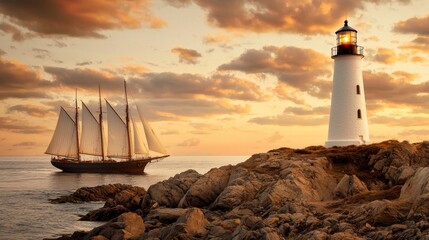Majestic Sailing Ship Approaches Historic Lighthouse at Sunset with Dramatic Clouds and Calm Waters, Highlighting Coastal Beauty and Nautical Serenity