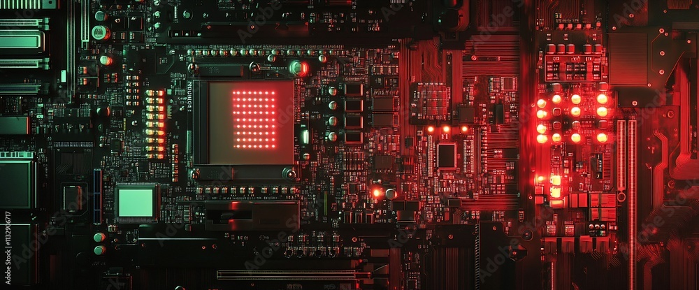 Poster A close-up view of a circuit board illuminated with red lights.