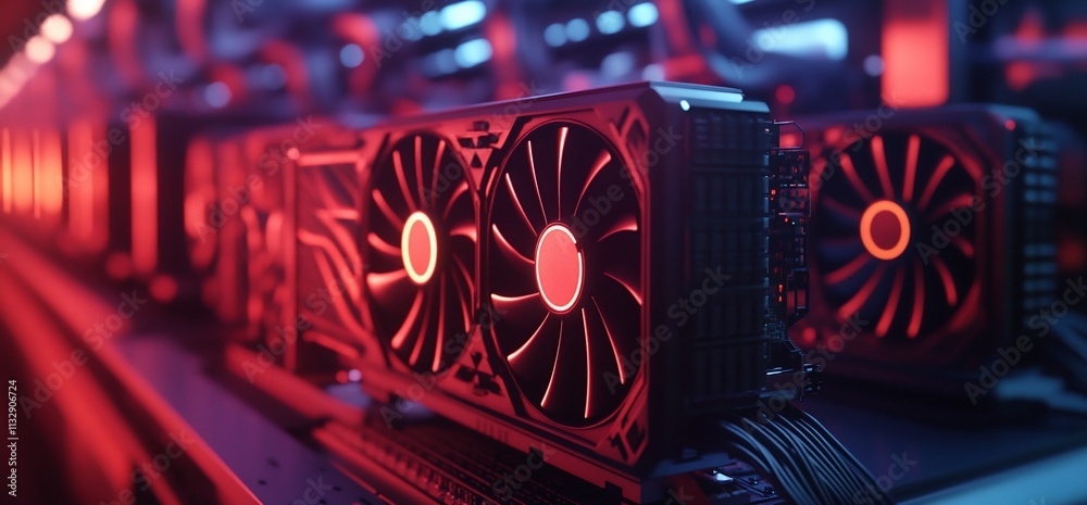 Poster A close-up of high-performance graphics cards in a mining setup.