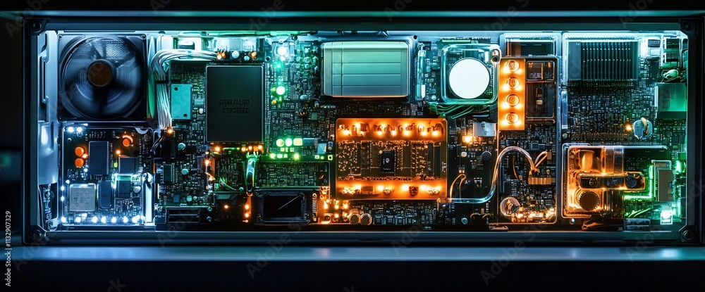 Aufkleber A close-up view of a circuit board with vibrant lights and components.