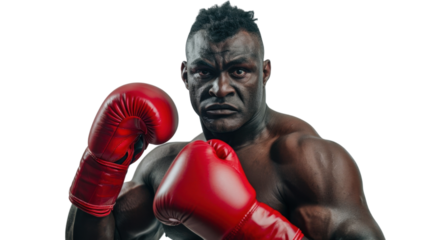 Professional african middle age male boxer in gloves exercises punches on white background