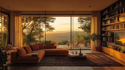 Fototapeta premium A warm mid-century modern hotel living room with a brown fabric couch, retro shelving with subtle decor, and large glass panels offering a serene view of a sunset over the hills,