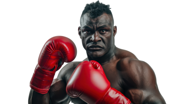 Professional african middle age male boxer in gloves exercises punches on white background