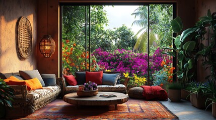 Fototapeta premium An artistic bohemian hotel living room featuring a mix of woven furniture, colorful layered textiles, a rustic coffee table, and a large window offering a clear view of a vibrant flower garden,