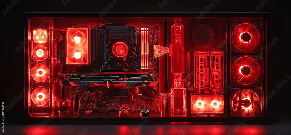 Poster A computer case illuminated in red, showcasing internal components and cooling.