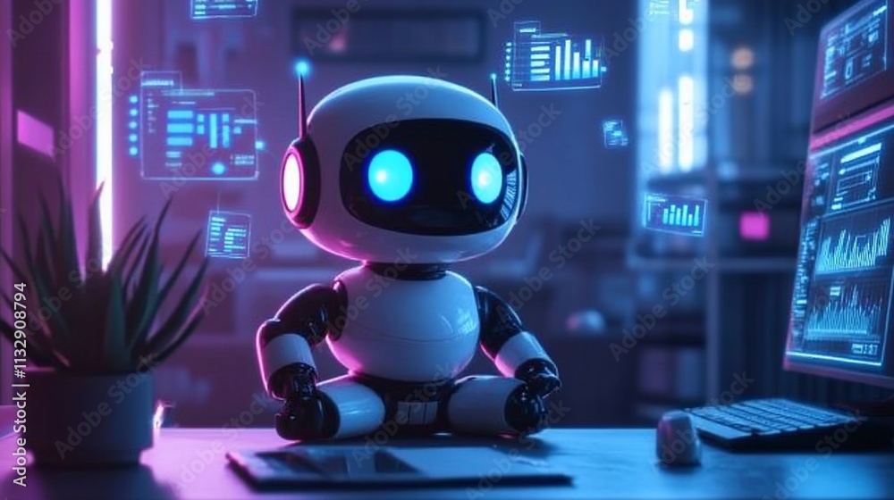 Poster A cute robot sits at a desk with digital data displays in a futuristic setting.