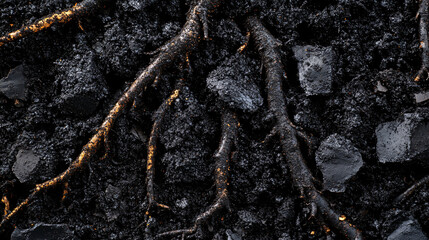 A close-up of biochar particles intertwined with roots, glowing with life, showcasing the rich, textured soil teeming with organic matter. 