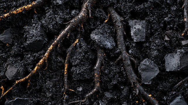 A close-up of biochar particles intertwined with roots, glowing with life, showcasing the rich, textured soil teeming with organic matter. 