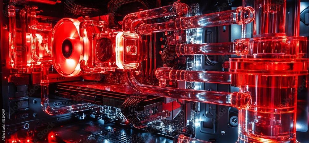 Poster a close-up view of a high-performance gaming pc with red lighting and cooling tubes.