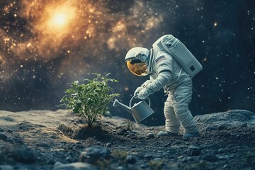 an astronaut waters a green plant from a watering can on the surface of a planet with a starry galaxy in the background