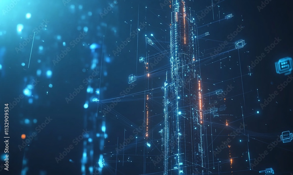 Poster a digital representation of a futuristic data tower with glowing elements.
